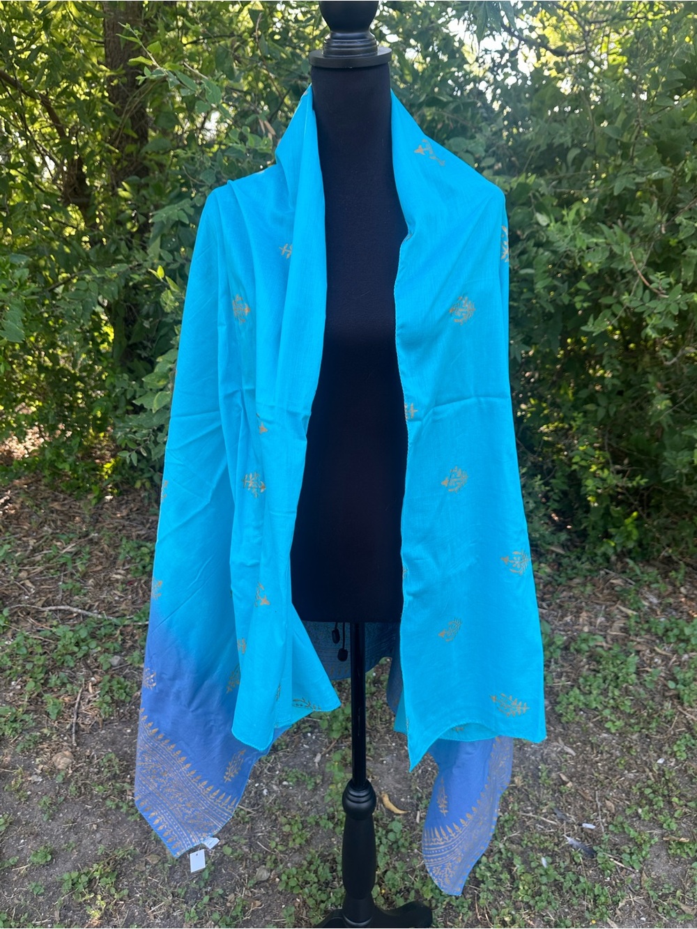 New World Market Turquoise Wrap Scarf Gold Foil Leafs 100% Cotton Made in India